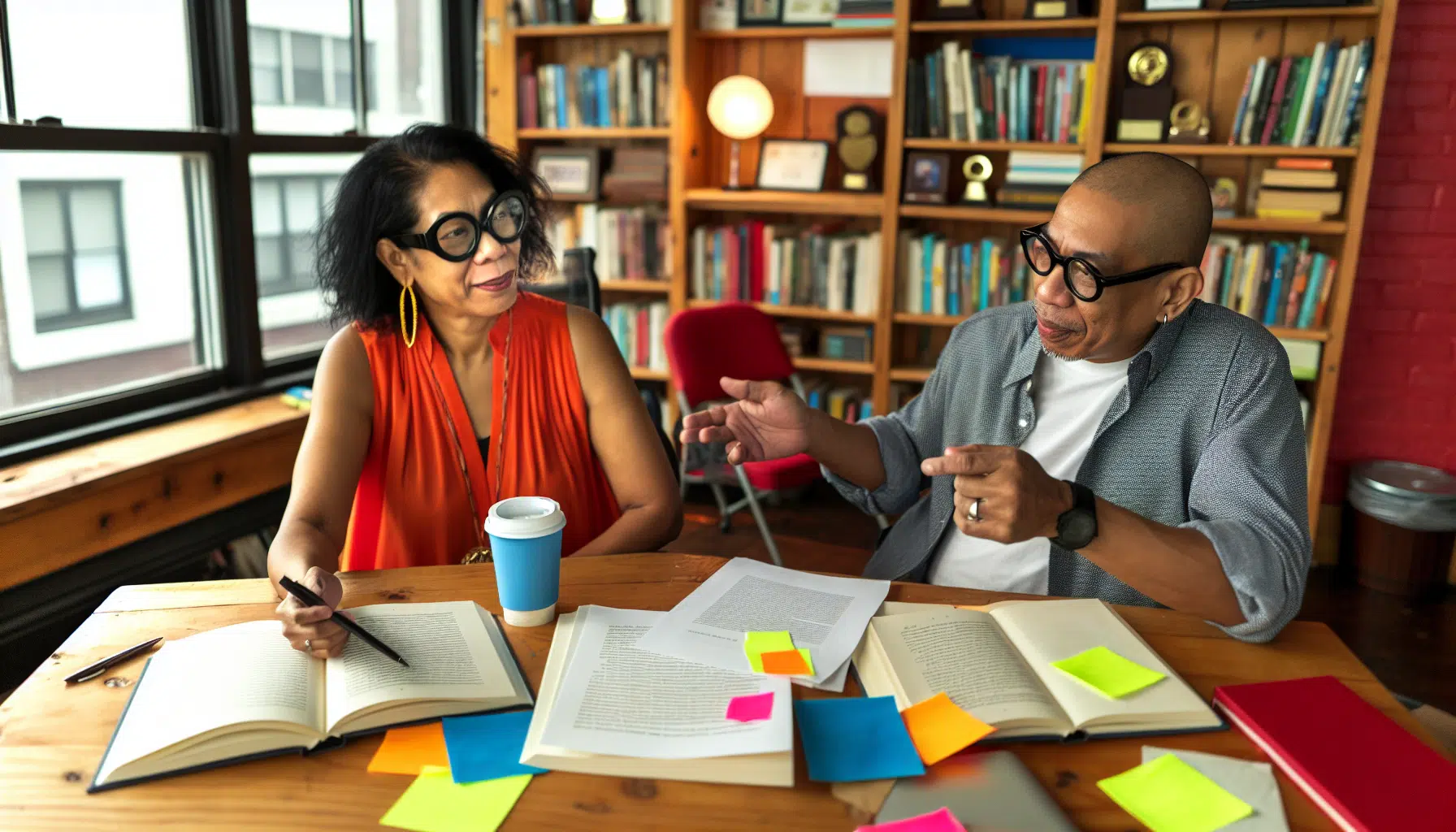 Children's book editor collaborating with an author on a chapter book