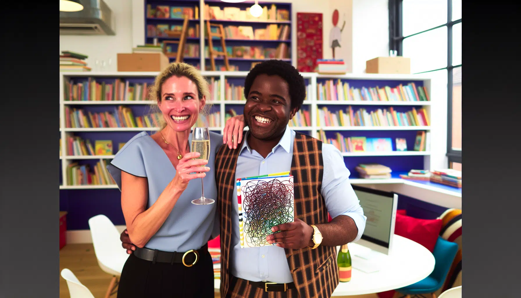 Children's book editor and author celebrating the successful publication of a book