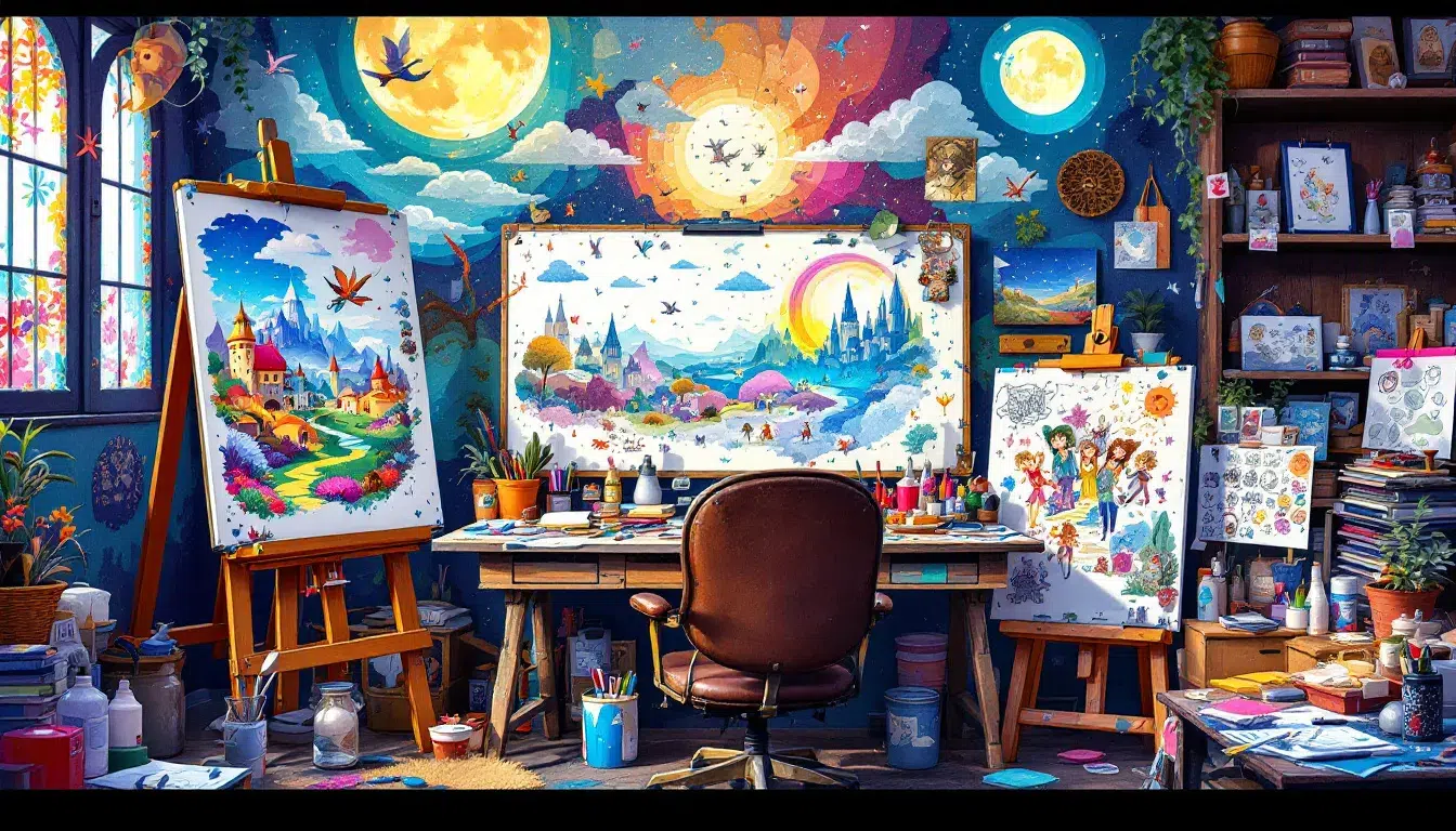 An artist's workspace with sample illustrations laid out, perfect for hiring the right illustrator.